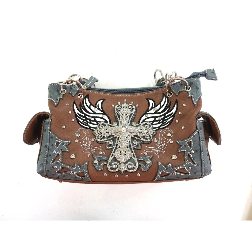 Cowgirl Trendy Tan Gray Purse Wings Silver Rhinestone Cross Handbag Womens